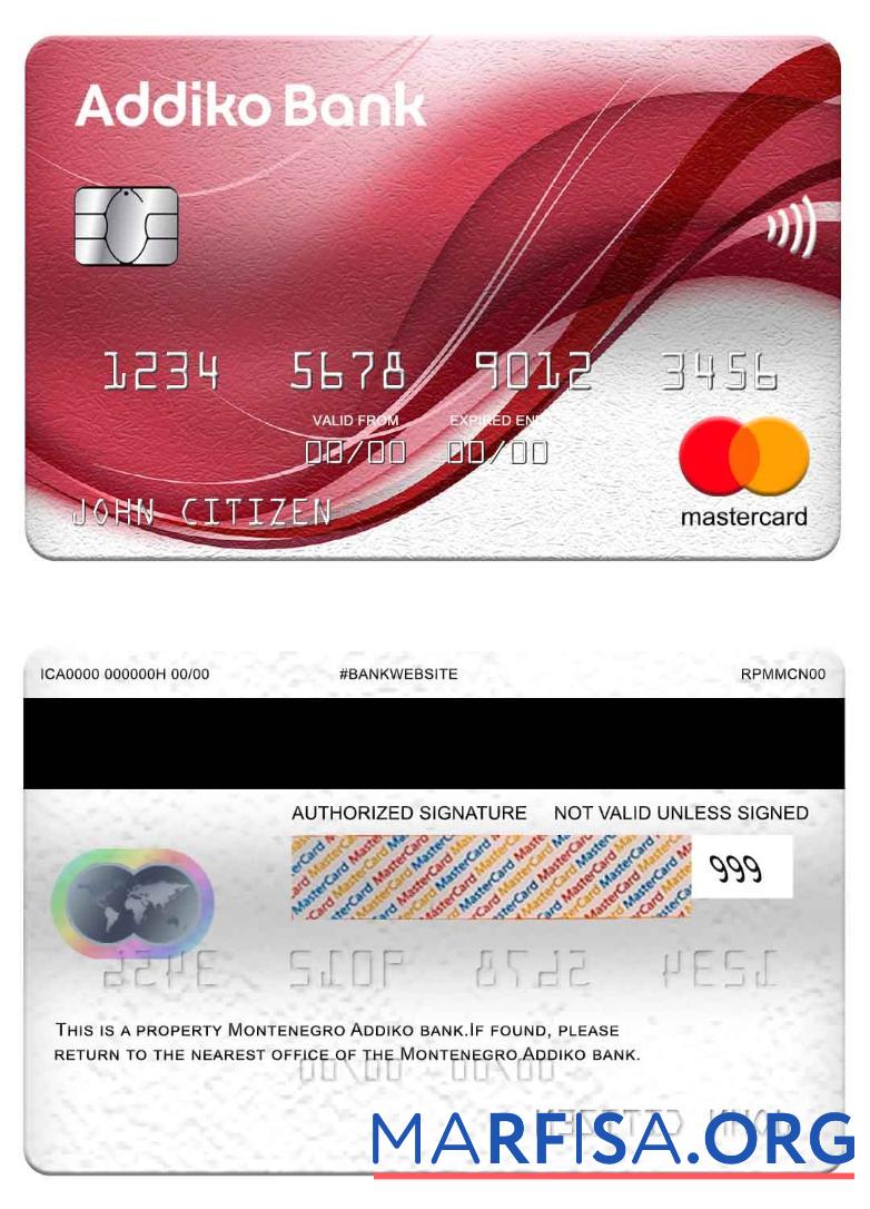 Blank Montenegro Addiko Bank mastercard download for verification